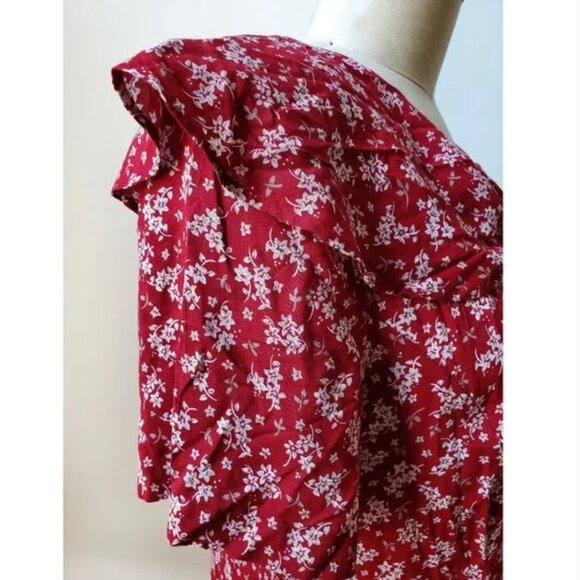 90's Kathie Lee Collection Cranberry Red Calico Floral Print Midi Dress 14 - Picture 3 of 4